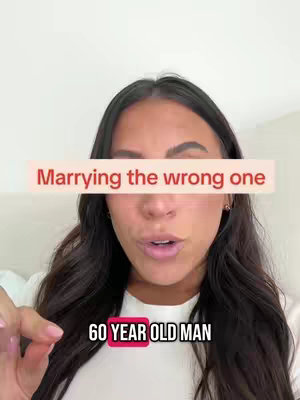 A woman with long dark hair is centered in the frame, looking at the camera and talking. Text overlaying her face reads, "Marrying the wrong one." Below, a red square contains the text "60 YEAR OLD MAN."
