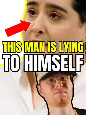 The cover image shows a close-up of two people's faces. The top image is of a person with dark hair against a white background, with a red arrow pointing at their face. The bottom image is of a man with a serious expression. Text overlays the images, stating that this man is lying to himself.