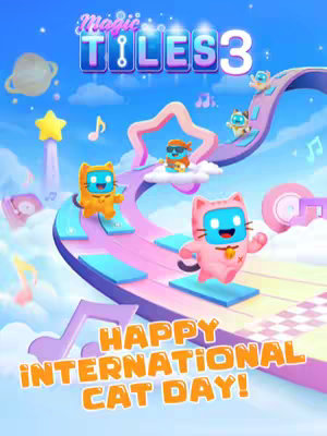 The image is an advertisement for a mobile game featuring a vibrant, cartoonish design with elements related to music and cats. The background is a gradient of blue, transitioning from a lighter top to a deeper bottom, creating a clear sky effect. The central focus is a winding, light-pink path with raised edges, suggesting a musical scale or a racetrack. Several animated cat characters in varying outfits are placed along this path, some with expressions of joy or excitement. Musical notes and other musical symbols like quarter notes, eighth notes are scattered throughout the image. Above, the game's logo 'Magic Tiles 3' in a colorful, eye-catching font. At the bottom, the festive text 'HAPPY INTERNATIONAL CAT DAY!' is written in a bold, stylized font, with a bright orange color.