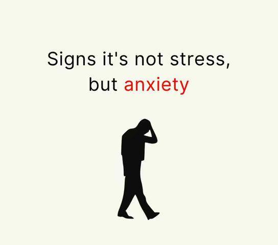 An image with a light beige background, featuring a text overlay and a stylized silhouette of a person. The text includes the phrase "Signs it's not stress, but anxiety", with "anxiety" in red. Below the text, a black silhouette depicts a person walking to the right, head in their hand, suggesting a feeling of distress or contemplation.