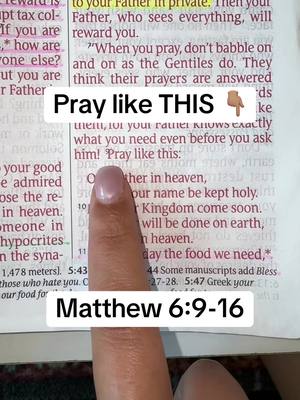 A hand with a painted fingernail points to text on a Bible page. Overlaid text states, "Pray like THIS". Below that is "Matthew 6:9-16" on a white rectangular background.