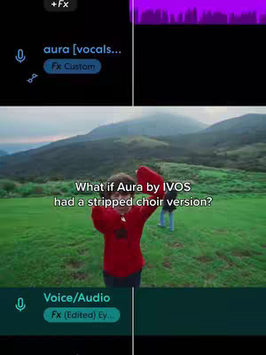 The cover image shows a person jumping in a green field with mountains in the background. The top of the image has audio waveform visuals and there are UI elements for audio editing applications in the top and bottom of the image. Overlay text asks, “What if Aura by IVOS had a stripped choir version?”.