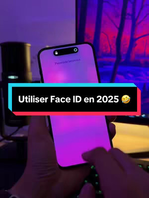 A vertically oriented image shows a person's hands holding an iPhone against a busy background. The phone screen is lit up, displaying a passcode input section. The interface appears to be a lock screen or a similar interface, as the screen has a lock icon at the top left. The background is softly out of focus, with digital screens of computer showing warm, purple and light blue tones. A black bar with text overlay is placed over the screen.
