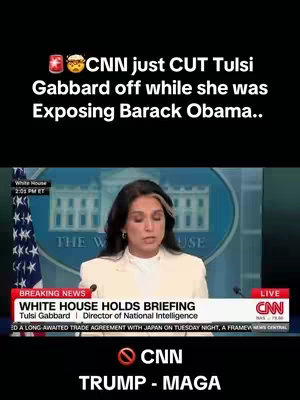 The cover image shows a screenshot from a CNN broadcast. The top third of the image is black with text overlayed, stating that CNN cut off Tulsi Gabbard while she was exposing Barack Obama. The bottom two-thirds of the image shows Tulsi Gabbard speaking on a video screen, with the CNN logo in the lower right corner and the White House in the background. The words "BREAKING NEWS" and other details fill the bottom portion of the screen. In the bottom center, the text "CNN" is crossed out, alongside "TRUMP - MAGA".