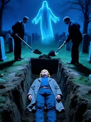 A surreal, nighttime image of a grave. A man, lying in a freshly dug grave at the bottom of the pit, stares upwards. Above him, two men with shovels stand on either side of the grave, appearing to be in the process of covering him. Above the men, a luminous, ethereal figure with outstretched arms hovers, emanating light. The scene is set in a moonlit graveyard, with headstones visible in the background.