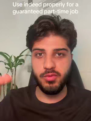 The cover image is a selfie of a young man with dark hair and a beard, looking directly at the camera. Text overlay at the top reads, "Use indeed properly for a guaranteed part-time job." The background is a blurred interior scene with hints of a plant in the corner.
