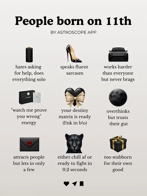 A graphic with the text "People born on 11th" followed by icons and phrases below. They include a candle, high heel, car, makeup, ribbon heart, moon, bag, black panther, and a gift box.