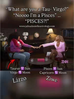 The image is a screenshot featuring two women seated in chairs seemingly during an interview. The background is a subtly lit space with a dark color scheme, a low table sit between the two women. Text overlays indicate the focus on astrology, with the names Lizzo and Ziwe are labeled below the image. The image appears to be a lighthearted, promotional graphic related to a discussion about astrology.