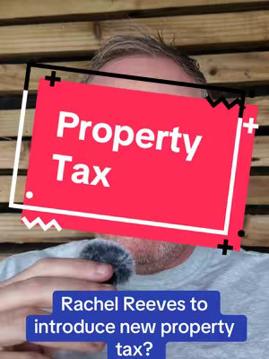 The image features a man holding a microphone, with overlaid text against a black background with colorful elements. A red rectangle with white text 'Property Tax' is positioned across the man's face, and below this, there's a title in a blue rectangle.