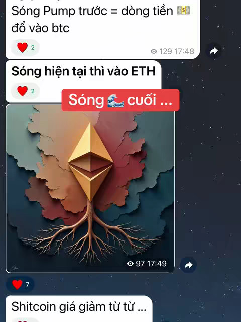 The cover image is a screenshot of a messaging app, presenting a discussion about cryptocurrency trends. The background is a dark theme with what appears to be a starry sky. Text bubbles display messages. A central image is an Ethereum symbol integrated artistically with a tree of life design, with roots and branches. A red text box displays "Sóng cuối..." (Last wave). Below, is another conversation bubble, it includes the text "Shitcoin giá giảm từ từ ..." (Shitcoin price slowly decreasing)