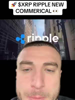 The cover image features a man in the foreground against a background showing an urban scene. A text overlay at the top reads '$XRP RIPPLE NEW COMMERICAL π'. The Ripple logo and text are visible in the central background. The man is looking at the camera.