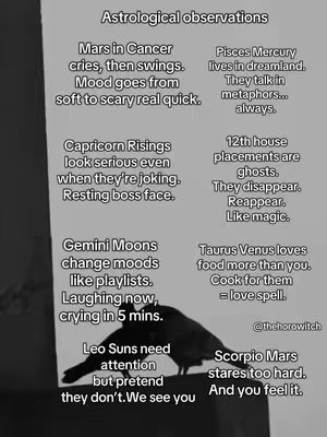 The image is a grayscale graphic with text overlaid. The background is a pale gray with the text arranged in columns and rows. The text provides astrological observations, such as "Mars in Cancer cries, then swings" and "Gemini Moons change moods like playlists." At the bottom, two silhouetted birds are perched, with text below that reads the author's handle.