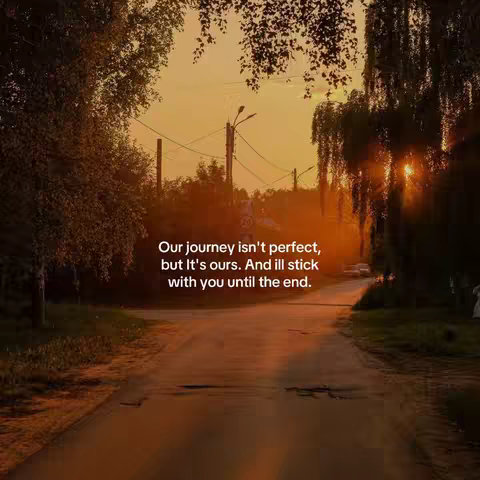 A sunset scene featuring a tree-lined road leading into the distance. The sky has warm hues of orange and yellow. Text is overlaid on the image with a quote.
