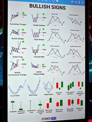 The cover image displays a tablet screen showcasing a list of bullish trading patterns. The screen is filled with various chart patterns accompanied by labels like 'Ascending Triangle' and 'Double Bottom', with elements of green and red to indicate potential trading signals. The background is plain, allowing the focus to remain on the trading diagrams displayed within the app.