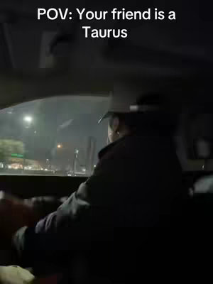 The cover image shows a POV shot from inside a car. The viewer is looking out the window at a foggy, urban environment with street lights and buildings. The front seat passenger is partially visible, wearing a dark jacket or coat and a cap. Text overlayed on the image reads “POV: Your friend is a Taurus”.