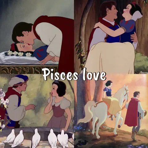 A collage featuring four panels from the animated film "Snow White". The central text overlay reads "Pisces love". The panels show scenes of Snow White with her Prince.