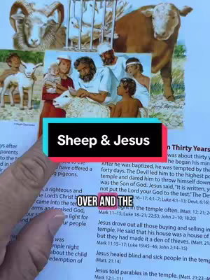 The cover image features a collage of religious illustrations. At the top, various images of sheep and a ram are arranged. In the center, a highlighted image of a man (Jesus) and sheep is displayed. Below this image, a red and black rectangular textual overlay reading 'Sheep & Jesus' is present. The foreground displays a hand holding the image, partially obscuring some text from a book laying open on the surface below. The color palette is dominated by earth tones, with the central image having warmer colors.