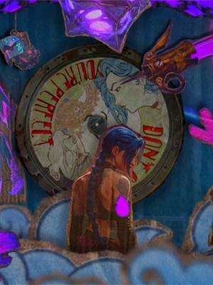 The cover image is a digital artwork with a stylized, artistic aesthetic. The composition is dominated by a central circular element, likely a stylized clock or emblem, with text on it. The central figure is of Jinx from Arcane, rendered in a stylized manner. She is facing away, showing her back and the back of her head, with her blue braids prominently displayed. The overall color palette is moody with a mix of blues, purples, and earthy tones. There are additional elements like hand drawn style clouds and what looks like a gear on the upper right corner. The background seems to be a combination of blue and deeper tones. There is some sort of purple neon in the image
