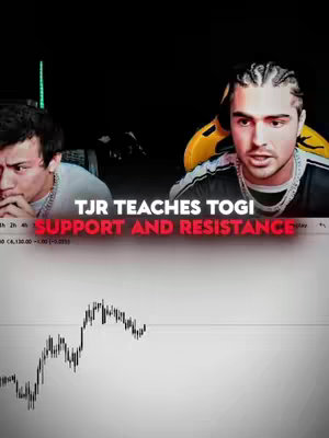 The image is a vertical split screen. The top portion shows two men in a darkened setting; the right man is speaking toward the viewer. The bottom portion shows moving stock charts.