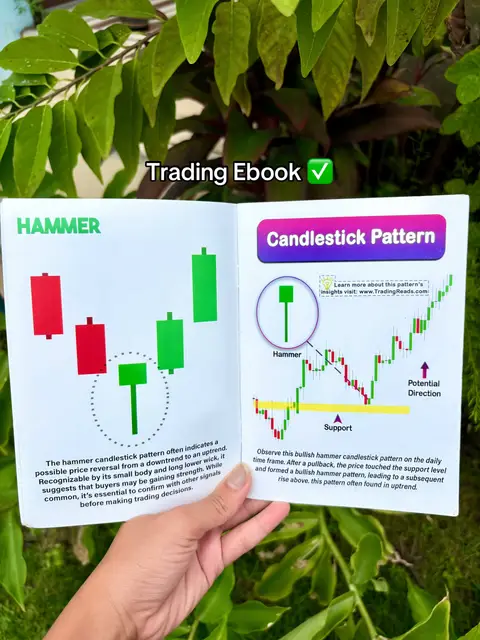 A person's hand holds an open book displaying candlestick patterns. The background is blurred green foliage. The book's pages are filled with text and diagrams demonstrating candlestick formations. The layout is clean and educational.