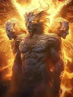 A digital illustration depicting three angelic figures, likely cherubim or seraphim, with imposing, muscular physiques. Each figure has a humanoid upper torso with the same face and glowing yellow eyes. Two of them have two wings, with feathered wings and a golden aura. The background is filled with fiery, golden light. The overall composition suggests power and divine presence.