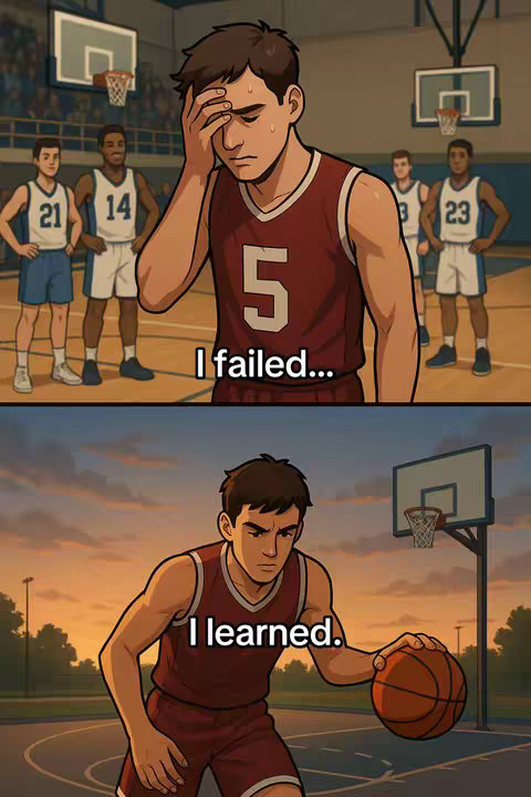 A two-panel comic-style image. The top panel shows a basketball player with a pained expression, hand on his forehead, in what appears to be a game setting. The bottom panel shows the same player with a determined look, dribbling a basketball on a court. Overlaying text indicates a change in mindset.