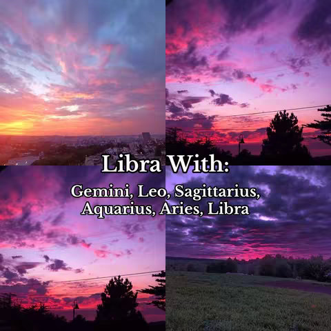 The cover image is a split photo of four sections. Each section displays a cloud-filled sky at sunset or sunrise, with shades of pink, purple, orange, and blue. The foreground varies between urban landscapes with buildings, natural grassy areas, and trees. Text overlayed reads "Libra With: Gemini, Leo, Sagittarius, Aquarius, Aries, Libra".