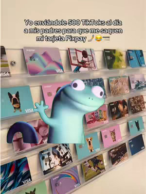 A display of credit cards with various designs on shelves. A 3D cartoon lizard character is centered, waving at the viewer. Text overlays are at the top.