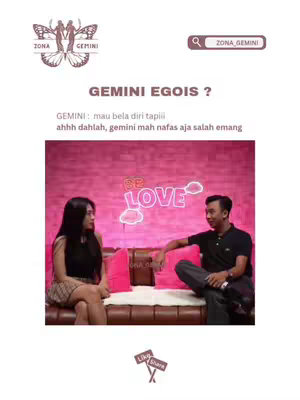 The cover image uses a split-screen layout with white space at the top and bottom. At the top, there's a logo with a butterfly design and text identifying the content as related to "ZONA GEMINI". The central image shows a scene inside that is lighted with pink lighting, featuring a woman and a man sitting on a couch, and the text "BE LOVE" is glowing on a pink wall. The bottom includes like and share icons. The image is likely a promotional still for the YouTube video.