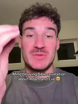 The cover image features a close-up of a man looking directly at the camera. Text overlayed on the bottom of the image reads: "Mind blowing Bible revelation about Adam and Eve" followed by an emoji. The man has short, dark hair; a mustache; and a neutral expression. The background is dimly lit.