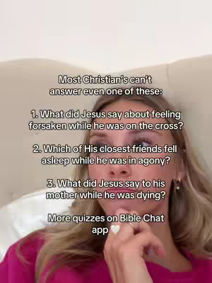 A woman, appearing to be in bed, is positioned close to the camera. Text overlays on the image present several questions about biblical events, with a call to action to find more quizzes through a Bible chat app. The woman is looking directly at the camera, and a hand is near her face.