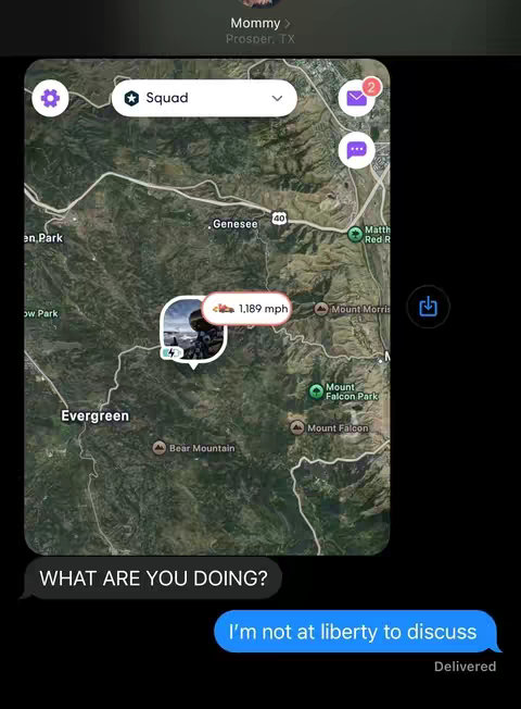 The image shows a mobile phone screen displaying a map with a location pin, speed info, and text message threads. The map is overlaid with a rider on a vehicle.