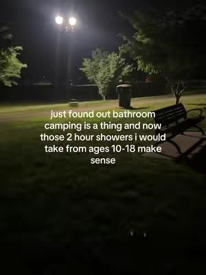 A nighttime outdoor shot featuring a park setting. A lit lamp post is in the center, casting light on a bench and adjacent trash can. Green grass and dark foliage are dominant, with text overlaid in a white, sans-serif font.