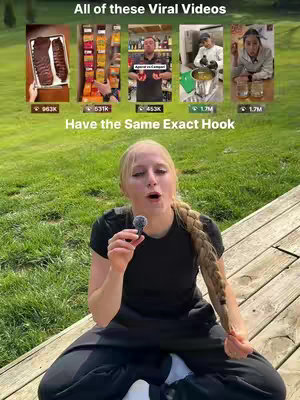 A blonde woman with a long braid sits outdoors, holding a microphone and looking directly at the camera with an open mouth. Behind her, a wooden deck and green grass lead to a background with five smaller images, each depicting a different video. The main text overlay reads: 'All of these Viral Videos Have the Same Exact Hook'.