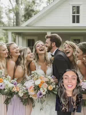 A wedding scene with a bride and groom in the center, surrounded by bridesmaids and groomsmen. The bride and groom are laughing and interacting intimately. In the bottom right corner is a selfie of what appears to be the creator.