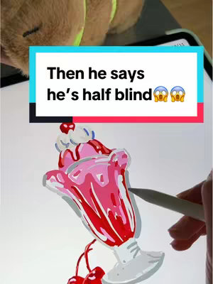 The cover image displays an iPad screen with an almost finished drawing of a sundae. The sundae is rendered in a cartoon style, with a red base, pink ice cream, white whipped cream, and cherries. A hand holding a digital stylus is beside the screen. Above the artwork, a text overlay in a rectangular shape displays the text 'Then he says he's half blind' with some emojis.