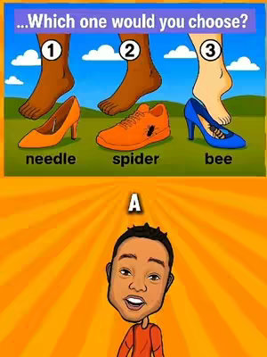 The cover image is a split composition with two main sections. The top half displays a quiz question featuring three feet, each wearing a different type of footwear: an orange high heel, an orange sneaker with a bug on it, and a blue high heel. Above the feet, it poses the question, "...Which one would you choose?" with the numbers 1, 2, and 3 labeling each foot. The background for this quiz section is a gradient of greens and blues. The bottom half shows a cartoon of a smiling person of color labeled 'A', against a bright orange background and a pattern radiating from the person as a focus.