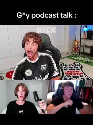 The cover image shows a split screen with four video feeds. The top feed shows a young man reacting with a surprised expression, sitting in a chair in a well-lit room with a 'KICK' sign in the background. Below, two smaller feeds present equally surprised or excited reactions from other young men. The overall layout suggests a podcast or online video conversation with multiple participants.