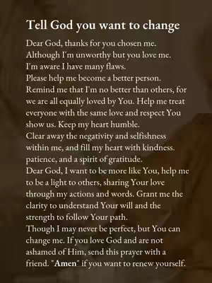 The cover image features a blurred, warm-toned background. Overlaid on the background is the text of a prayer titled, 'Tell God you want to change'. The prayer is written in a simple, readable font and layout.