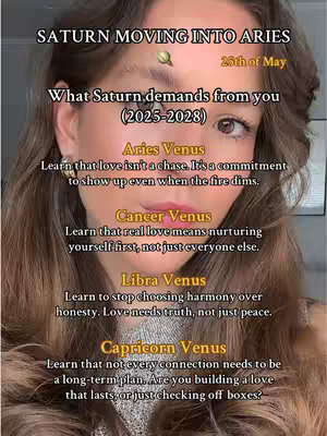 A close-up shot of a woman with long, wavy brown hair. The image has text overlays with the headline 'SATURN MOVING INTO ARIES' and text detailing astrological advice related to the topic. The woman is centered in the frame, with a soft focus on her face. The background is blurred.