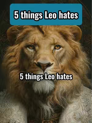 A close-up photo features a lion's head, the animal's majestic face filling most of the frame. The lion has a golden-brown mane, piercing eyes, and a focused expression. Overlays highlight the content theme.