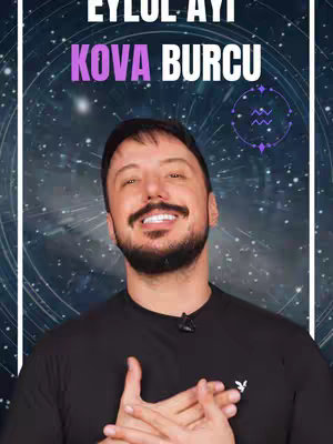 Cover image featuring a man looking at the camera and smiling. Behind him is a starry night background, and text overlays. The text is in white and purple, with the title 'EYLUL AYI KOVA BURCU', at the top, and the picture of the zodiac sign right in the top corner.