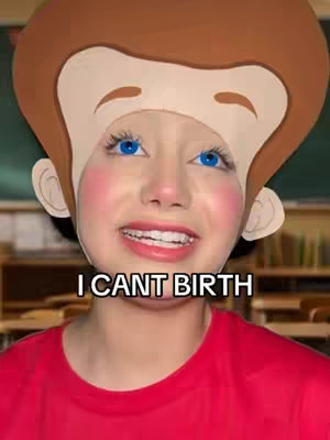 The image shows a person with a face that has been made to look like Jimmy Neutron's face, with applied exaggerated makeup. The text overlay says I CAN'T BIRTH. The background has a school setting.