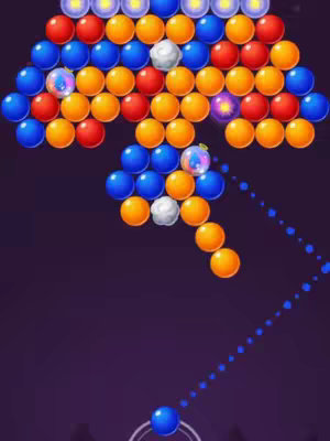 The cover image is a screenshot from a game, showing a bubble shooter game in progress. The layout is centered around a collection of colorful bubbles at the top of the screen, arranged in an arc shape. The game’s interface shows a launch trajectory with blue dotted lines and a launched bubble ready to be shot to aim at the top section. The color palette is vibrant with red, blue, yellow, white and orange bubbles against a dark purple backdrop, the overall composition focused the game dynamic.