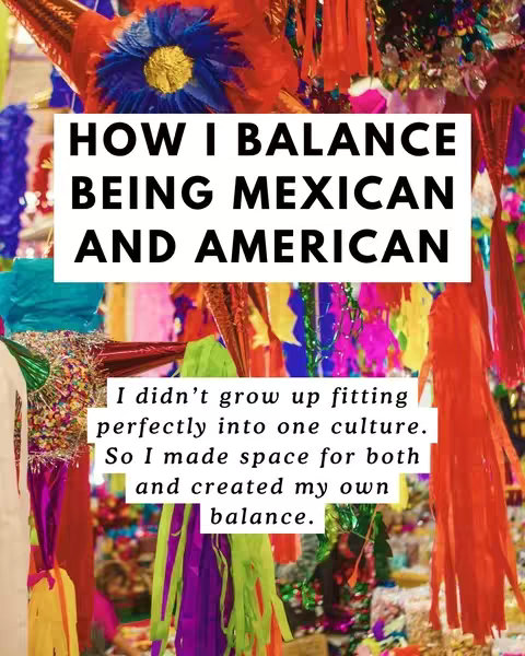 The image is a vibrant and colorful collage of Mexican decorations. The foreground is filled with colorful streamers and fringes, including a large, ornate piñata in the center with blue and red accents. The background is slightly blurred, suggesting a marketplace or celebration with various decorations and products. A white rectangular box contains text about the intersection of Mexican and American cultures.