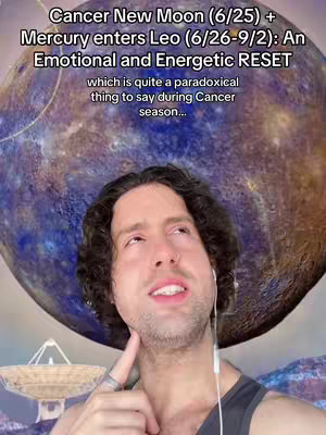A man with curly hair and a goatee is positioned with his head beneath a large, blue-purple planet-like sphere. Text overlays at the top of the image describe astrological events. The man is looking upwards, with earphones in his ear, and pointing to the side.