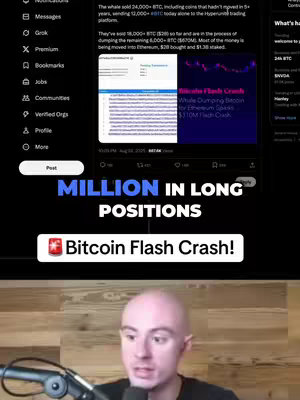 A selfie-style video with a man in front of a screen that shows a Twitter post about Bitcoin. An overlay text and a news article excerpt is visible. The man is bald with a neutral expression, set against a dark background.