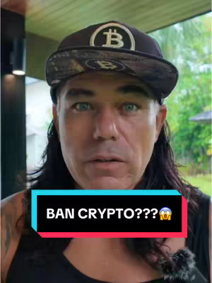 A man with long black hair and a black Bitcoin hat looks directly at the camera. Text on the image asks, "BAN CRYPTO???" with an emoji of a shocked face.