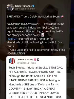 The image is a vertical compilation designed for social media. The top portion comprises a screenshot from a social media account titled 'God of Finance,' with the account handle '@thegodoffinance.' The text overlay at the top reads 'BREAKING: Trump Celebrates Market Boom' followed by a US flag emoji. Underneath is a block of text detailing information about President Trump discussing market performance and economic strategies. The bottom part of the image features a screenshot of a social media post from 'Donald J. Trump @realDonaldTrump' which reiterates the information regarding the market highs. A stylized graphic is included in the bottom-left showing the US flag and adds balance to the overall visual layout. The color scheme in the image features a mix of white, black, red, and blue, with the dominant background and text in white against a black background.
