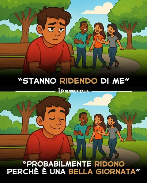The cover image shows a two-part cartoon illustrating a thought process in a park setting. In the top half, a person looking sad sits on a bench, while a group of friends approaches smiling. Above, it says, "STANNO RIDENDO DI ME," suggesting the person feels judged. The bottom half shows the same scenario but with a positive perspective saying, "PROBABILAMENTE RIDONO PERCHÈ È UNA BELLA GIORNATA." The overall composition uses bright colors, a park-like environment, and cartoon-style characters.